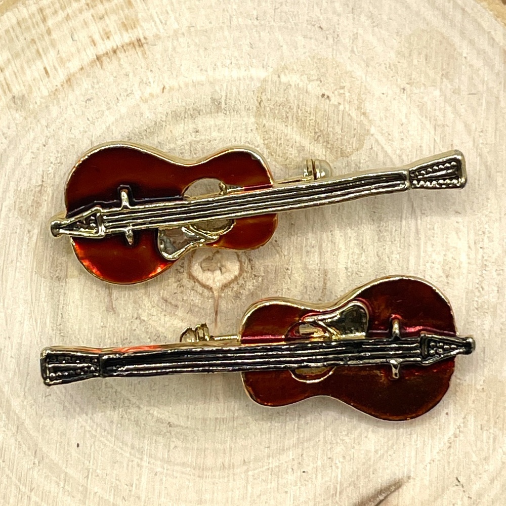 Taiwan Signed Gold Tone Enamel Tiny Guitar Pins Brooches -- Set Lot of 2